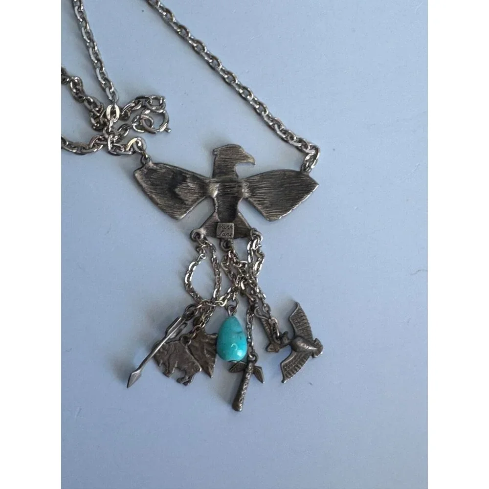 Vintage Park Lane Block Turquoise Tribal Charm Peyote Bird Southwestern Necklace - Picture 8 of 10